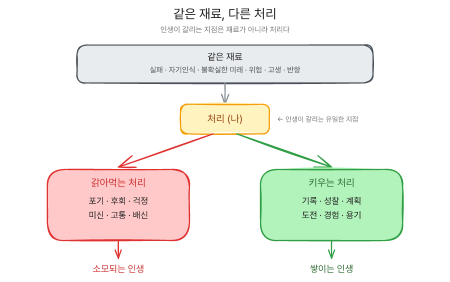 같은 재료, 다른 처리 - 인생이 갈리는 지점은 재료가 아니라 처리다