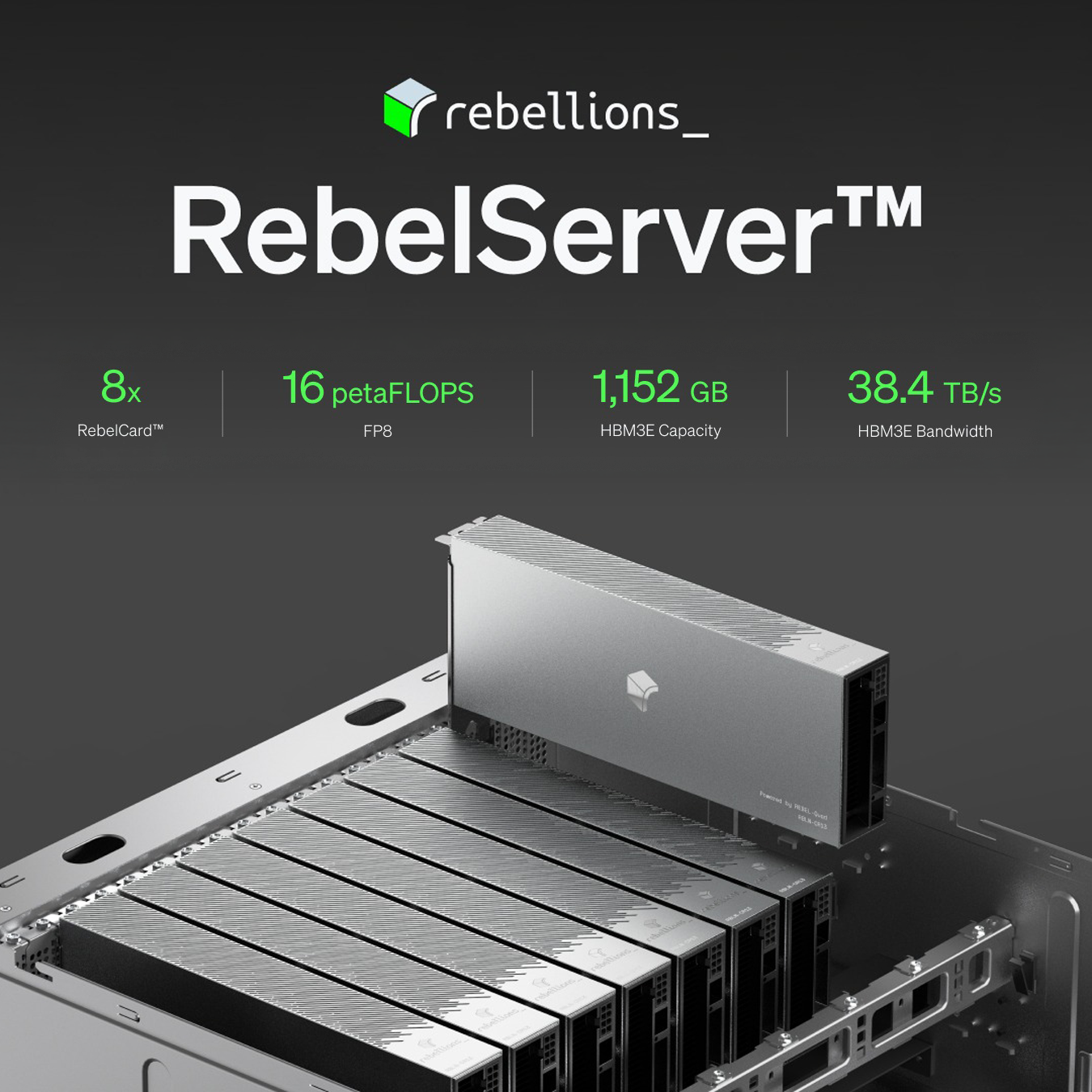 리벨리온 RebelServer 공식 렌더 - RebelCard 8장에 삼성 HBM3E 1,152GB를 묶은 서버로, 칩이 아니라 서버·랙 단위로 파는 전략을 보여준다