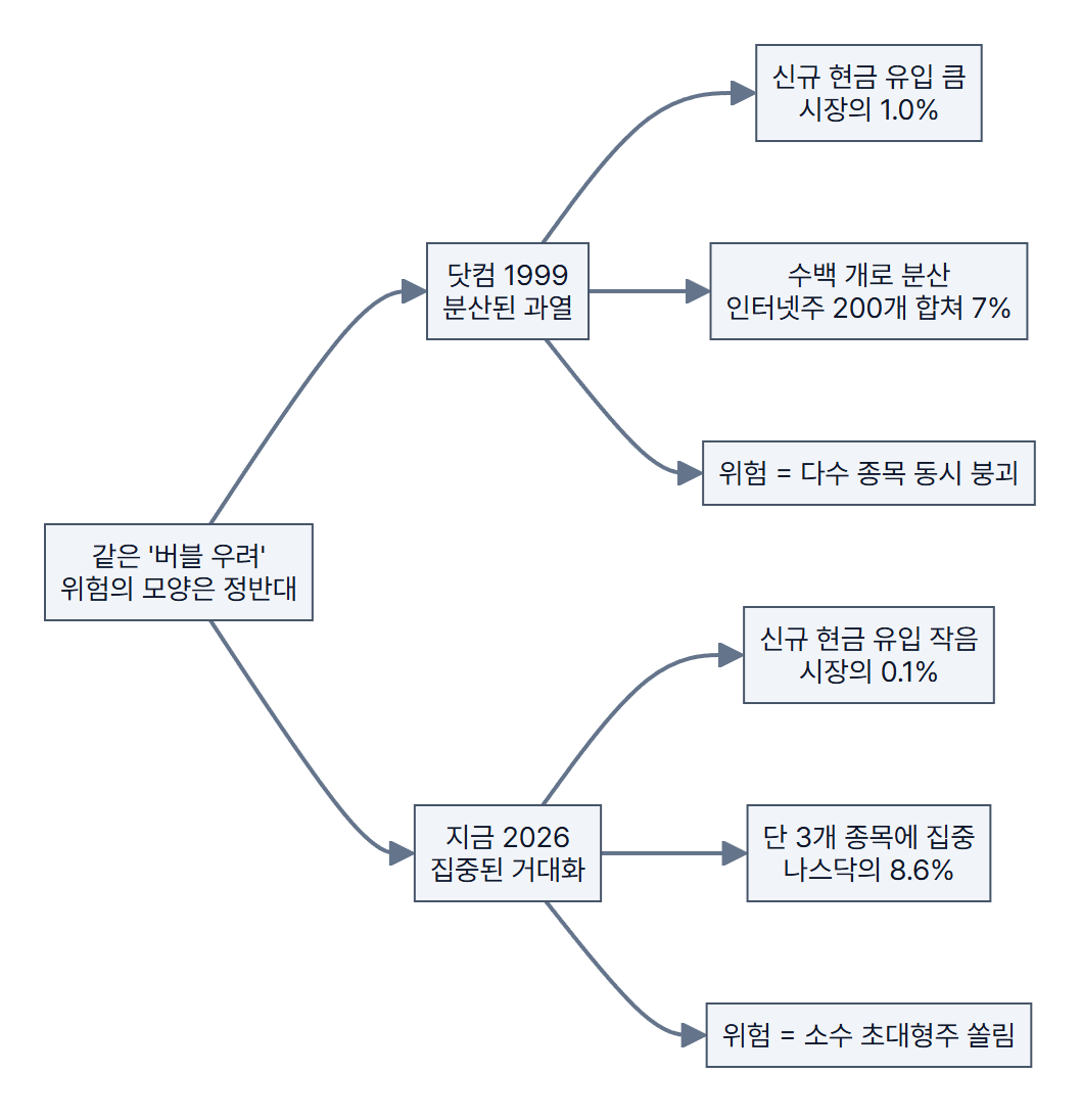 위험의 모양은 정반대 - 닷컴은 분산된 과열, 지금은 집중된 거대화